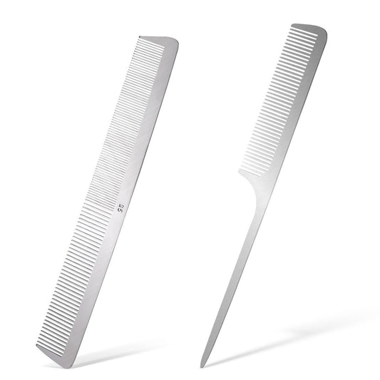 2-Pack Stainless Steel Rat Tail Comb with Metal Pick & Flat Top Barber Comb for Hair Styling