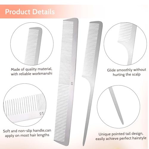2-Pack Stainless Steel Rat Tail Comb with Metal Pick & Flat Top Barber Comb for Hair Styling - görsel 4