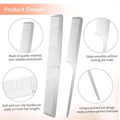 2-Pack Stainless Steel Rat Tail Comb with Metal Pick & Flat Top Barber Comb for Hair Styling