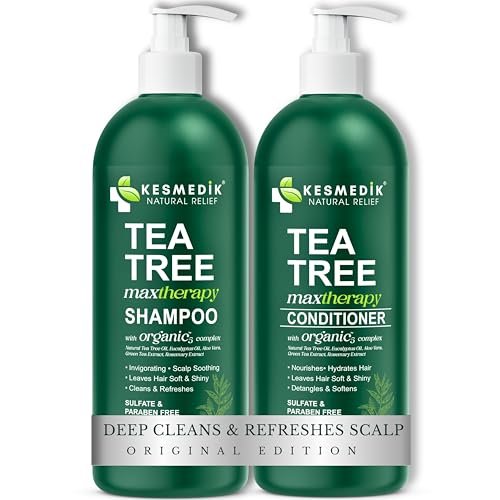 KESMEDIK Tea Tree Oil Shampoo and Conditioner MaxTherapy Set - Itchy Scalp Relief, Refreshes & Cleanses Dandruff & Buildup, Clarifying for Oily Hair, Women & Men, 16 fl oz Each Avelisse