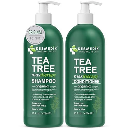 KESMEDIK Tea Tree Oil Shampoo and Conditioner MaxTherapy Set - Itchy Scalp Relief, Refreshes & Cleanses Dandruff & Buildup, Clarifying for Oily Hair, Women & Men, 16 fl oz Each Avelisse