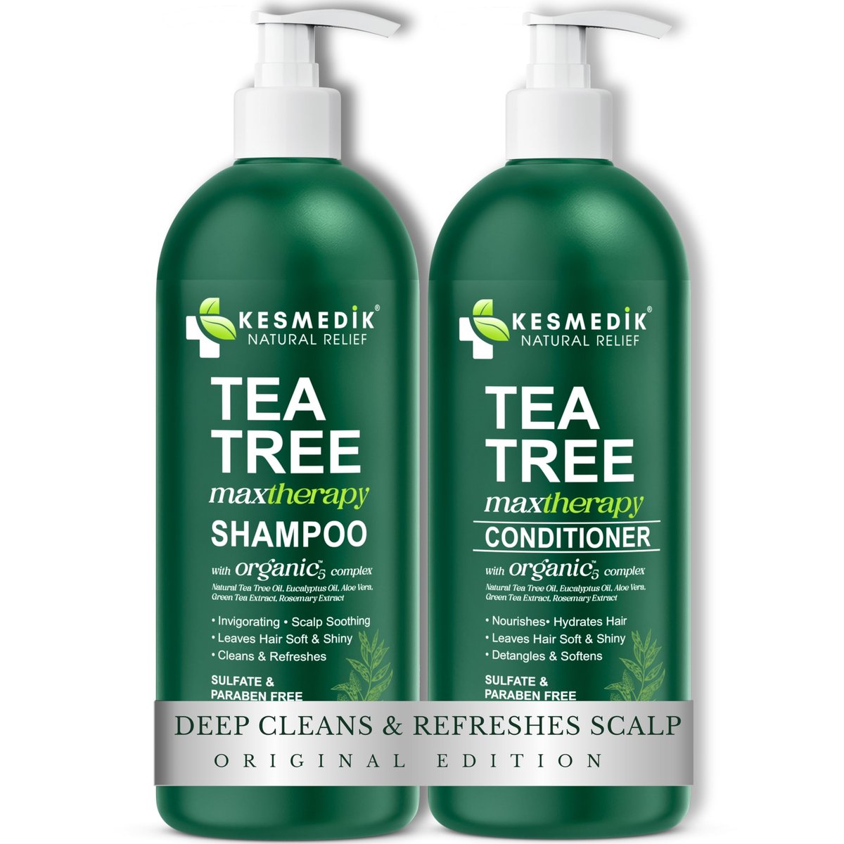 KESMEDIK Tea Tree Oil Shampoo and Conditioner MaxTherapy Set - Itchy Scalp Relief, Refreshes & Cleanses Dandruff & Buildup, Clarifying for Oily Hair, Women & Men, 16 fl oz Each Avelisse