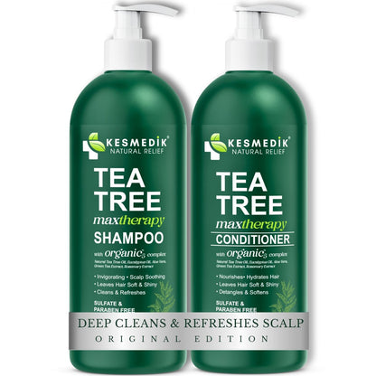 KESMEDIK Tea Tree Oil Shampoo and Conditioner MaxTherapy Set - Itchy Scalp Relief, Refreshes & Cleanses Dandruff & Buildup, Clarifying for Oily Hair, Women & Men, 16 fl oz Each Avelisse