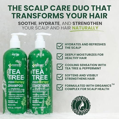 KESMEDIK Tea Tree Oil Shampoo and Conditioner MaxTherapy Set - Itchy Scalp Relief, Refreshes & Cleanses Dandruff & Buildup, Clarifying for Oily Hair, Women & Men, 16 fl oz Each Avelisse