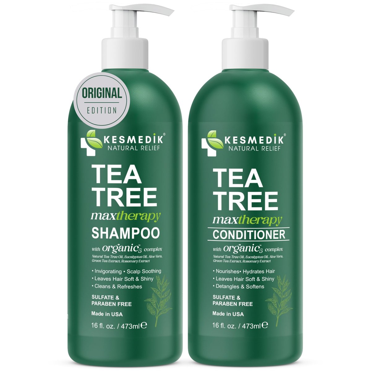 KESMEDIK Tea Tree Oil Shampoo and Conditioner MaxTherapy Set - Itchy Scalp Relief, Refreshes & Cleanses Dandruff & Buildup, Clarifying for Oily Hair, Women & Men, 16 fl oz Each Avelisse