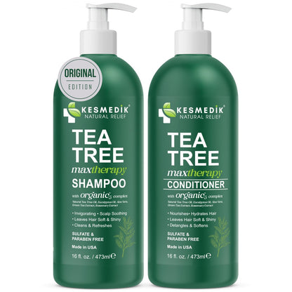 KESMEDIK Tea Tree Oil Shampoo and Conditioner MaxTherapy Set - Itchy Scalp Relief, Refreshes & Cleanses Dandruff & Buildup, Clarifying for Oily Hair, Women & Men, 16 fl oz Each Avelisse