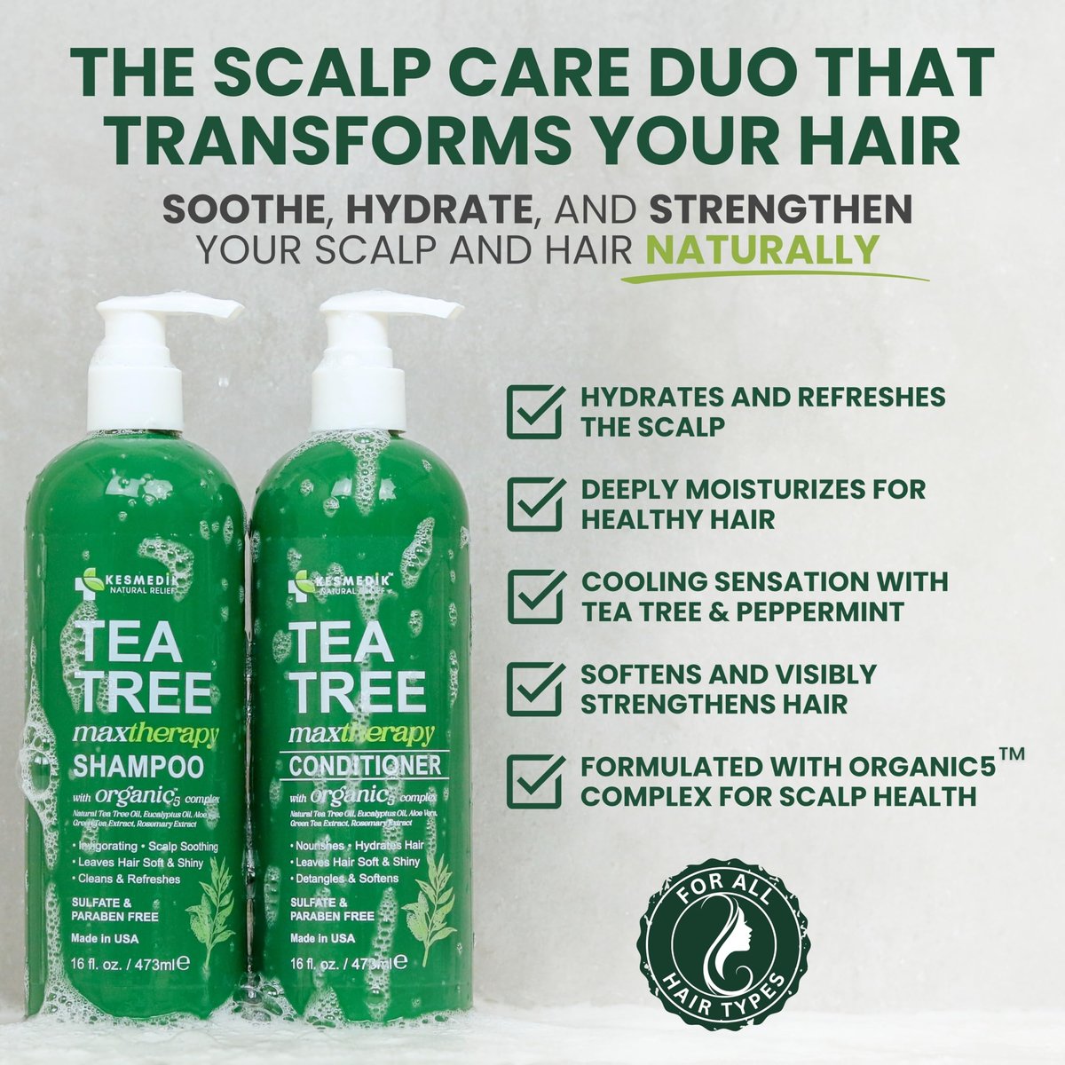 KESMEDIK Tea Tree Oil Shampoo and Conditioner MaxTherapy Set - Itchy Scalp Relief, Refreshes & Cleanses Dandruff & Buildup, Clarifying for Oily Hair, Women & Men, 16 fl oz Each Avelisse