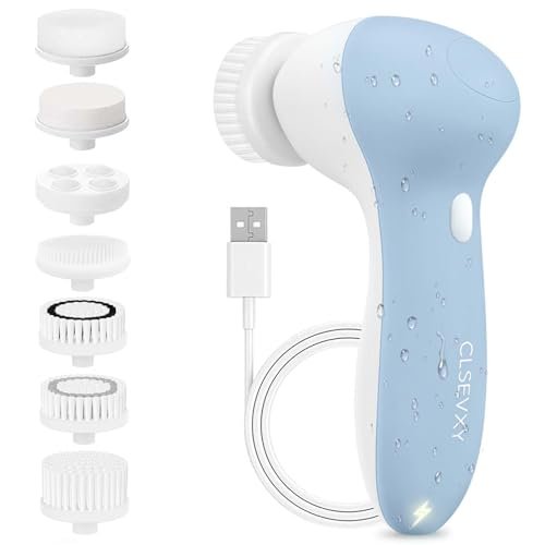 Rechargeable Facial Cleansing Spin Brush Set with 7 Exfoliating Brush Heads - Complete Face Spa System by CLSEVXY - Advanced Microdermabrasion for Gentle Exfoliation and Deep Scrubbing Avelisse