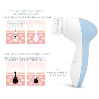 Rechargeable Facial Cleansing Spin Brush Set with 7 Exfoliating Brush Heads - Complete Face Spa System by CLSEVXY - Advanced Microdermabrasion for Gentle Exfoliation and Deep Scrubbing Avelisse