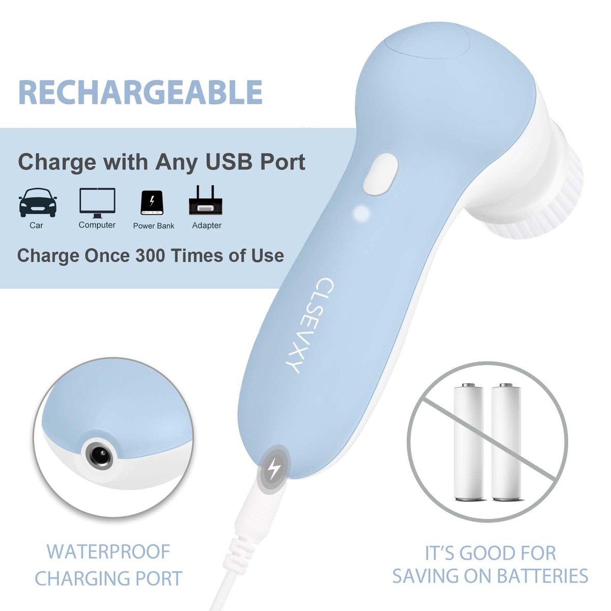 Rechargeable Facial Cleansing Spin Brush Set with 7 Exfoliating Brush Heads - Complete Face Spa System by CLSEVXY - Advanced Microdermabrasion for Gentle Exfoliation and Deep Scrubbing Avelisse