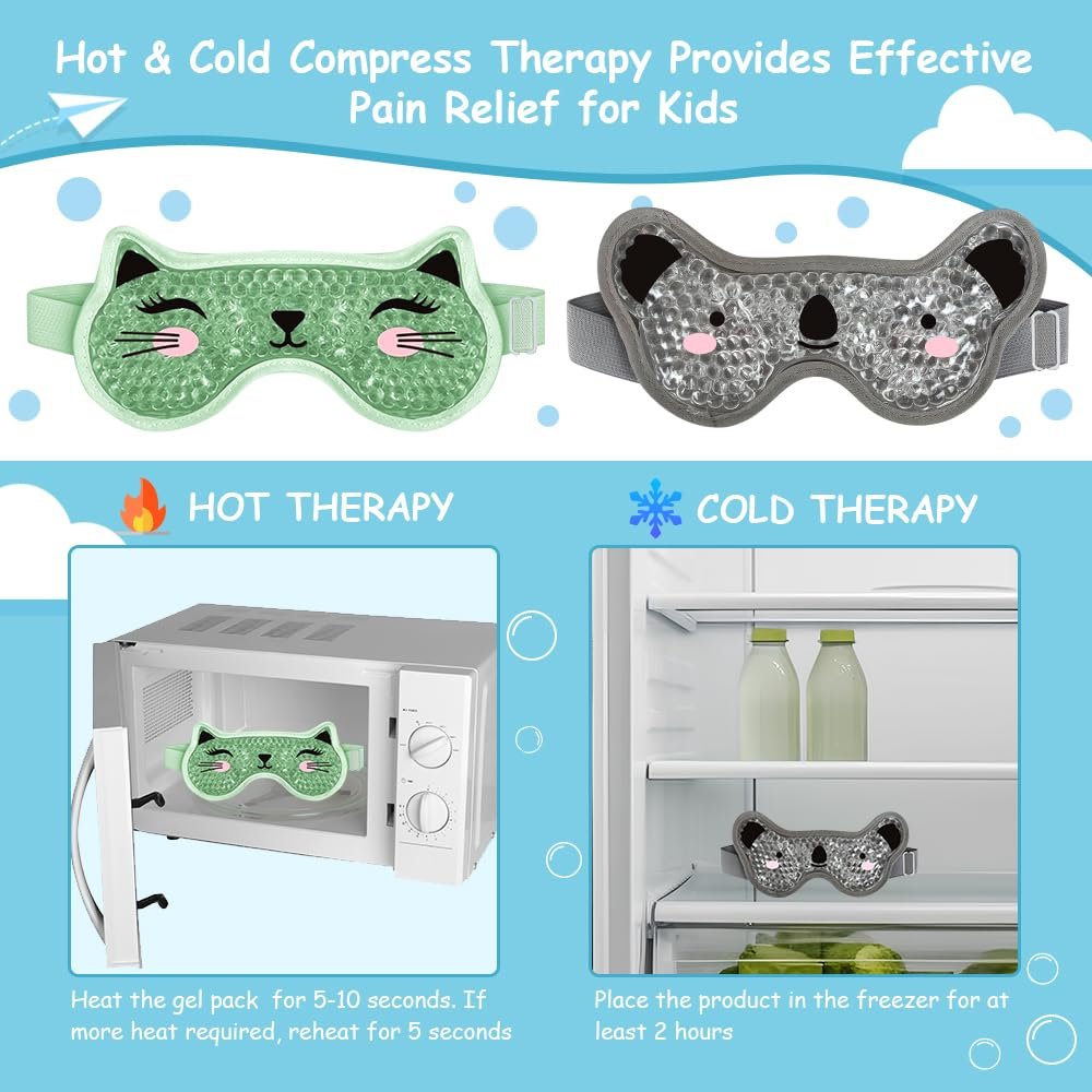 CONBELLA Kids Ice Packs 2 Pack – Reusable Cooling Eye Mask with Soft Plush Backing for Children, Boo Boos, Sinus Headache, Fever Relief (Green + Grey) - görsel 11