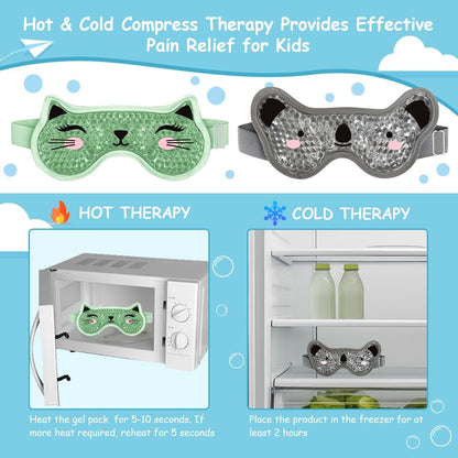 CONBELLA Kids Ice Packs 2 Pack – Reusable Cooling Eye Mask with Soft Plush Backing for Children, Boo Boos, Sinus Headache, Fever Relief (Green + Grey)