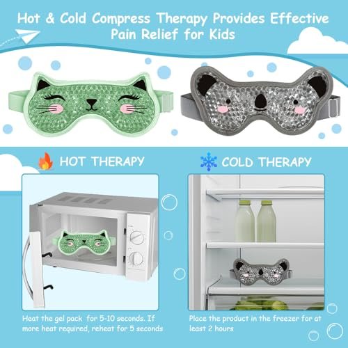 CONBELLA Kids Ice Packs 2 Pack – Reusable Cooling Eye Mask with Soft Plush Backing for Children, Boo Boos, Sinus Headache, Fever Relief (Green + Grey) - görsel 12