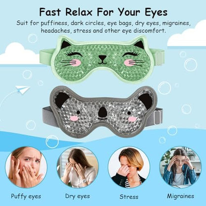 CONBELLA Kids Ice Packs 2 Pack – Reusable Cooling Eye Mask with Soft Plush Backing for Children, Boo Boos, Sinus Headache, Fever Relief (Green + Grey)