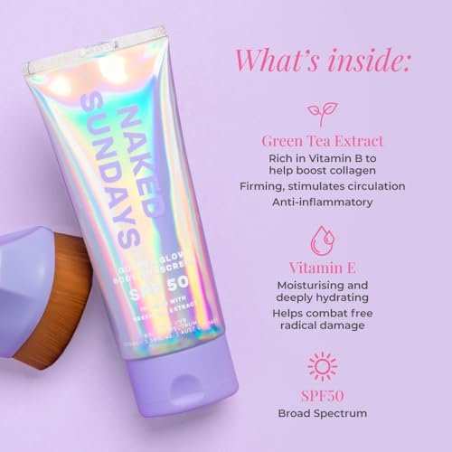 Naked Sundays SPF50 Golden Glow Body Sunscreen – Broad Spectrum UVA/UVB Protection, Glowy & Shimmering, Fragrance-Free, Firming, Non-Transfer SPF Lotion – 100ml Avelisse