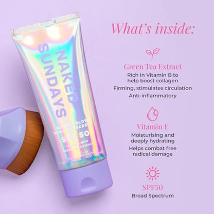 Naked Sundays SPF50 Golden Glow Body Sunscreen – Broad Spectrum UVA/UVB Protection, Glowy & Shimmering, Fragrance-Free, Firming, Non-Transfer SPF Lotion – 100ml Avelisse