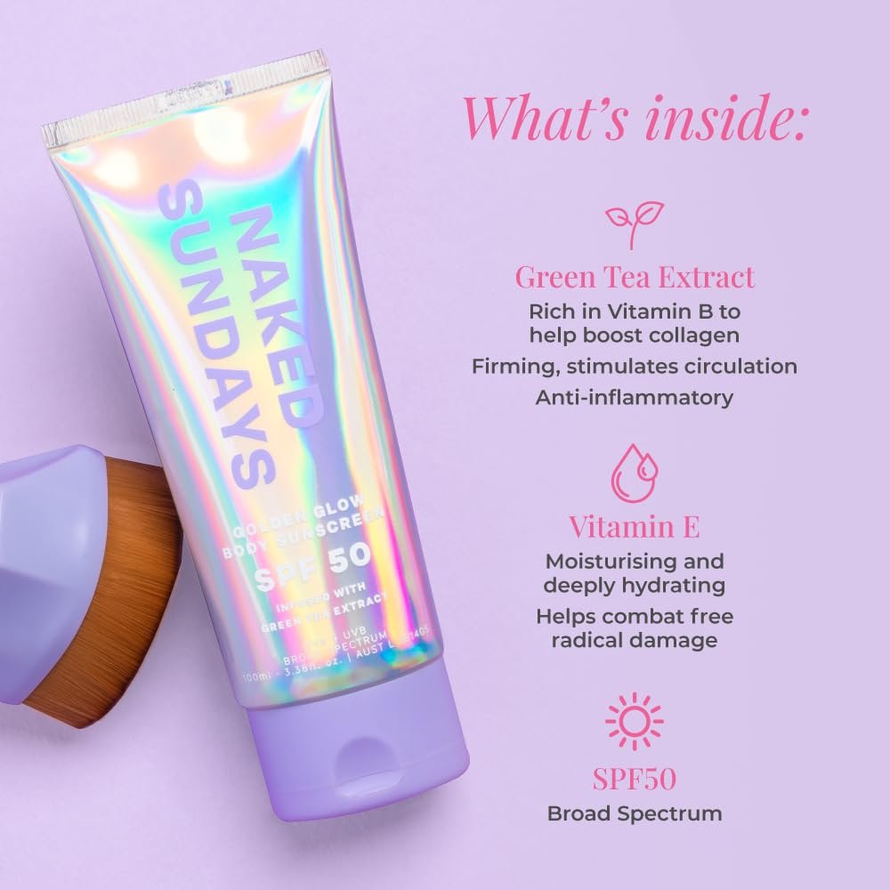 Naked Sundays SPF50 Golden Glow Body Sunscreen – Broad Spectrum UVA/UVB Protection, Glowy & Shimmering, Fragrance-Free, Firming, Non-Transfer SPF Lotion – 100ml Avelisse