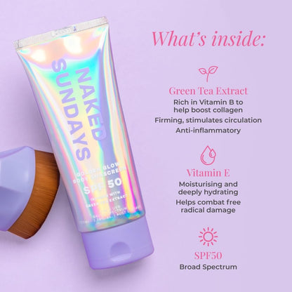 Naked Sundays SPF50 Golden Glow Body Sunscreen – Broad Spectrum UVA/UVB Protection, Glowy & Shimmering, Fragrance-Free, Firming, Non-Transfer SPF Lotion – 100ml Avelisse