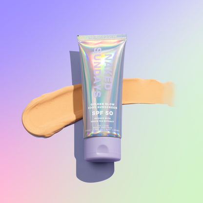 Naked Sundays SPF50 Golden Glow Body Sunscreen – Broad Spectrum UVA/UVB Protection, Glowy & Shimmering, Fragrance-Free, Firming, Non-Transfer SPF Lotion – 100ml Avelisse