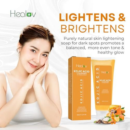 Healov Kojic Acid Soap for Hyperpigmentation – Skin Brightening Face and Body Wash with Papaya, Turmeric – Dark Spot Soap Reduces Acne Scars, Evens Skin Tone – 3.3 oz
