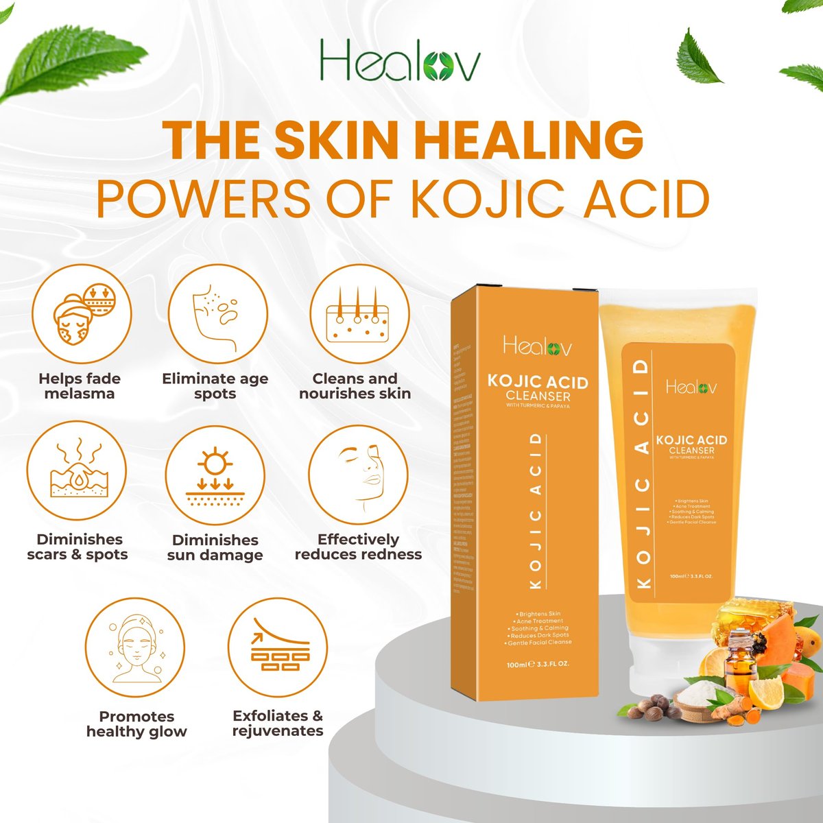 Healov Kojic Acid Soap for Hyperpigmentation – Skin Brightening Face and Body Wash with Papaya, Turmeric – Dark Spot Soap Reduces Acne Scars, Evens Skin Tone – 3.3 oz - görsel 7