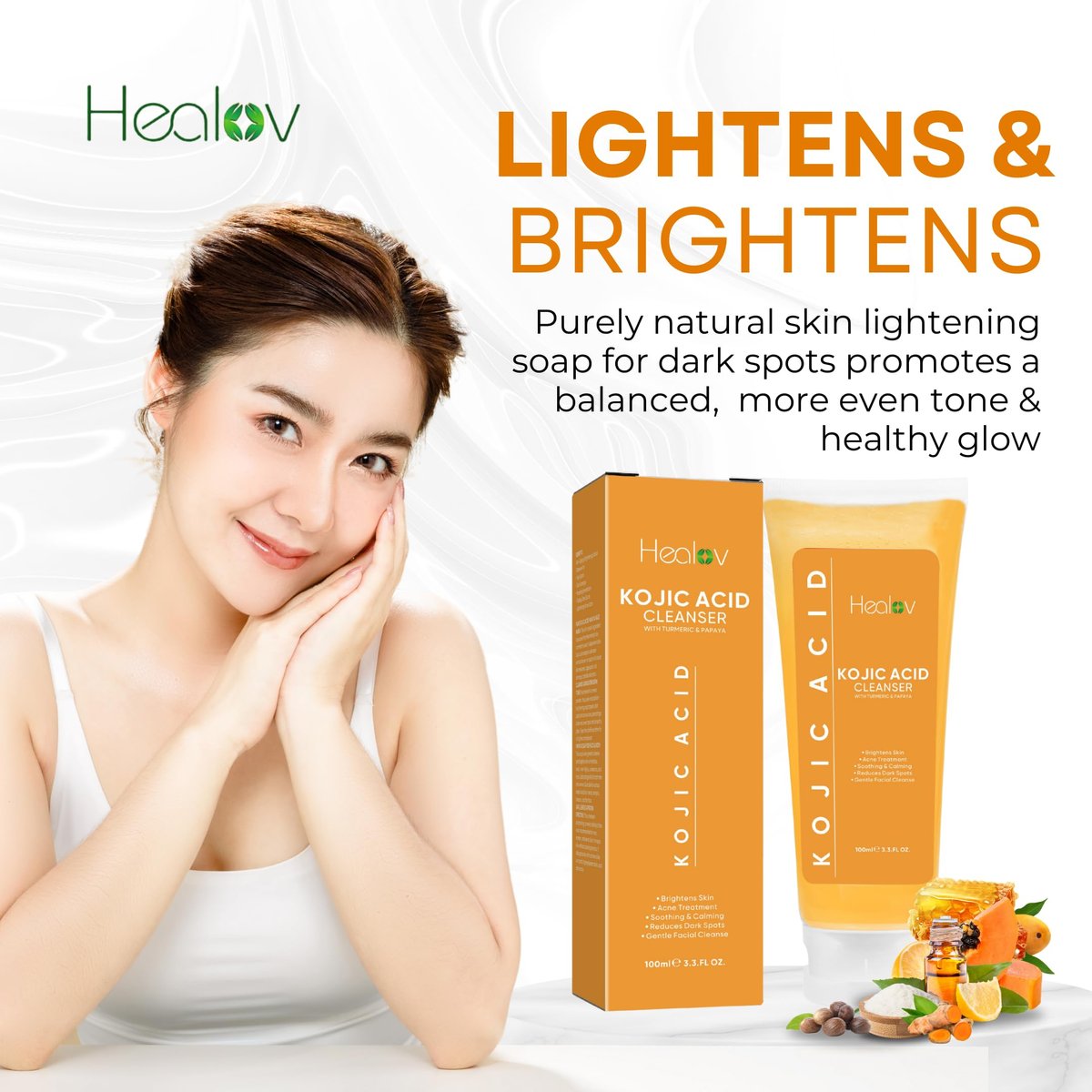 Healov Kojic Acid Soap for Hyperpigmentation – Skin Brightening Face and Body Wash with Papaya, Turmeric – Dark Spot Soap Reduces Acne Scars, Evens Skin Tone – 3.3 oz - görsel 3