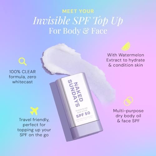 Naked Sundays Clear Glow Sun Stick SPF 50 – Invisible Clear Sunscreen Stick for Face & Body, Fragrance-Free, Broad Spectrum, Travel-Friendly, 19g Avelisse