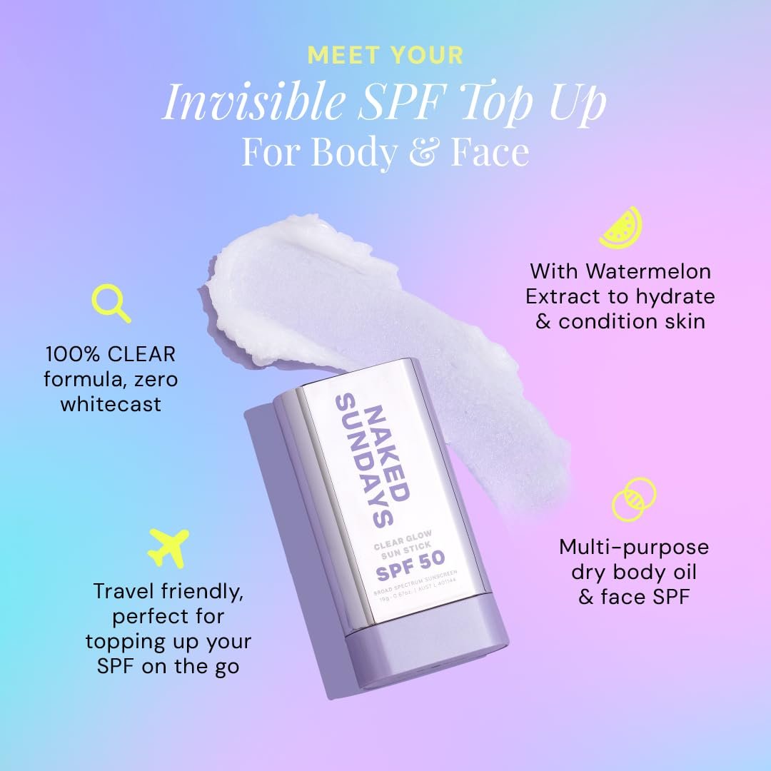 Naked Sundays Clear Glow Sun Stick SPF 50 – Invisible Clear Sunscreen Stick for Face & Body, Fragrance-Free, Broad Spectrum, Travel-Friendly, 19g Avelisse