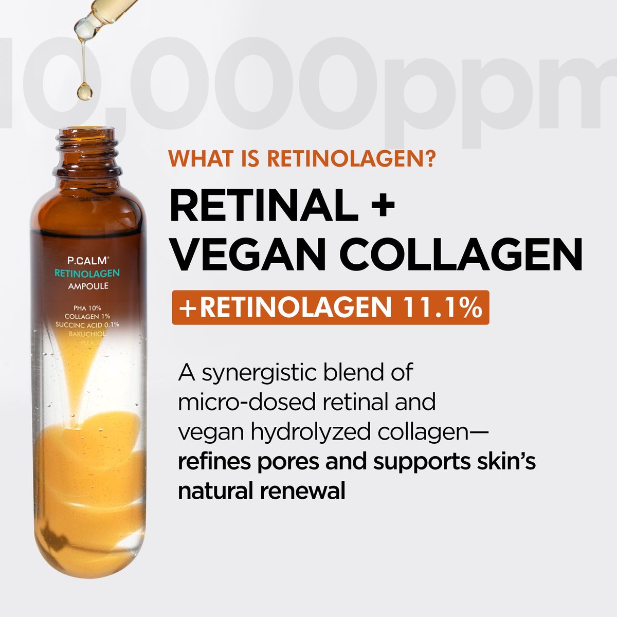 P.CALM Retinolagen Ampoule – Retinol & Vegan Hydrolyzed Collagen for Pore Tightening, Wrinkles, and Fine Line Care, Korean Glass Skin (30ml / 1.01 fl.oz) Avelisse