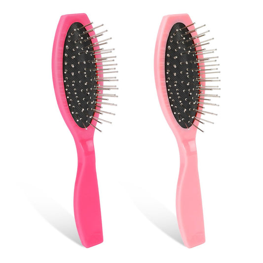 2 Pack Metal Hair Brush for Wigs & Extensions - Small Doll Wig Brush with Wire Cushion & Stainless Steel Bristles, Portable Detangler for Synthetic Hair, Women