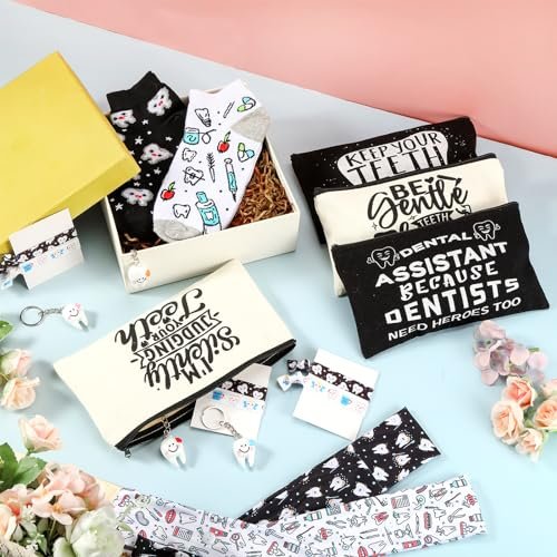 Blushtier 40 Pcs Dental Hygienist Gifts Set - Dental Assistant Appreciation Gifts with Cosmetic Bags, Socks, Keychains, Headbands, Hair Ties, and More - görsel 8