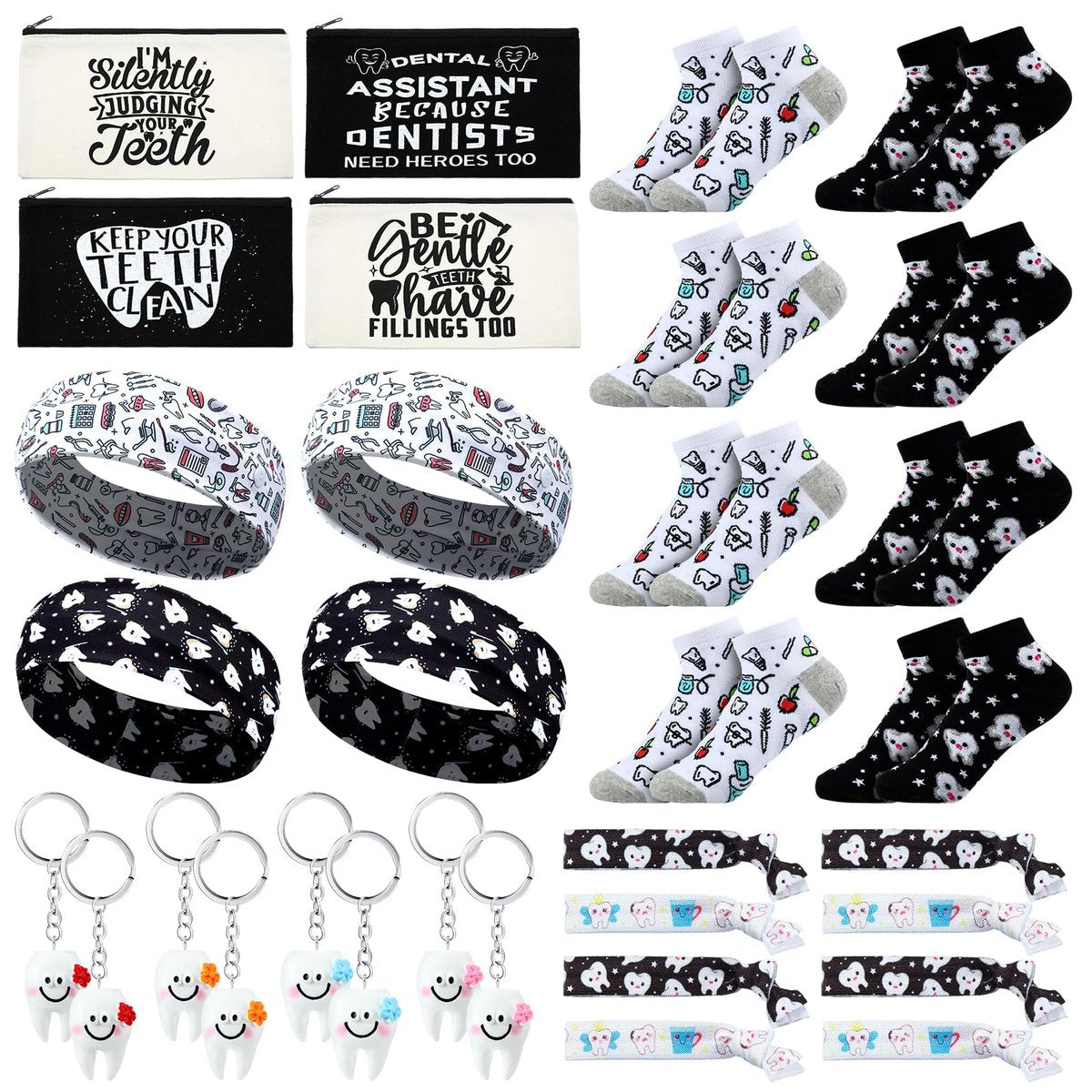 Blushtier 40 Pcs Dental Hygienist Gifts Set - Dental Assistant Appreciation Gifts with Cosmetic Bags, Socks, Keychains, Headbands, Hair Ties, and More - görsel 1