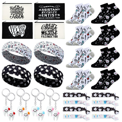 Blushtier 40 Pcs Dental Hygienist Gifts Set - Dental Assistant Appreciation Gifts with Cosmetic Bags, Socks, Keychains, Headbands, Hair Ties, and More