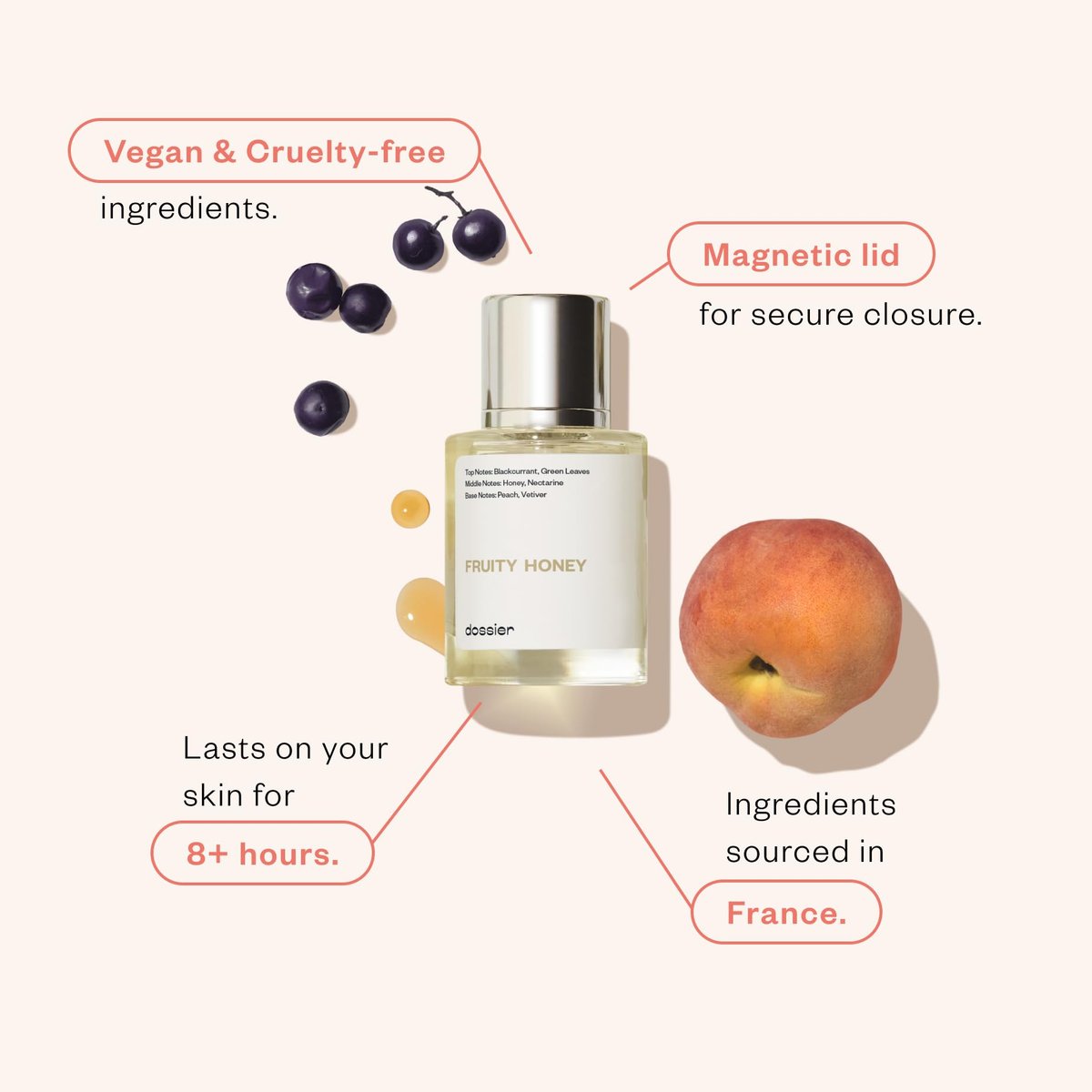 Dossier Fruity Honey Eau de Parfum – Inspired by Nectarine Blossom & Honey – Vegan, Paraben-Free Unisex Fragrance 50ml Avelisse
