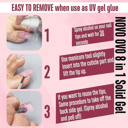 NOVO OVO Non-Sticky Solid Nail UV Gel Glue - 8 in 1 Strong & Long Lasting for Press-On Nails, Gel X Tips, Acrylic Sculpture & Decoration (30ml)