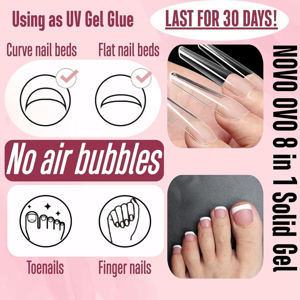 NOVO OVO Non-Sticky Solid Nail UV Gel Glue - 8 in 1 Strong & Long Lasting for Press-On Nails, Gel X Tips, Acrylic Sculpture & Decoration (30ml) - görsel 9