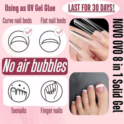 NOVO OVO Non-Sticky Solid Nail UV Gel Glue - 8 in 1 Strong & Long Lasting for Press-On Nails, Gel X Tips, Acrylic Sculpture & Decoration (30ml)