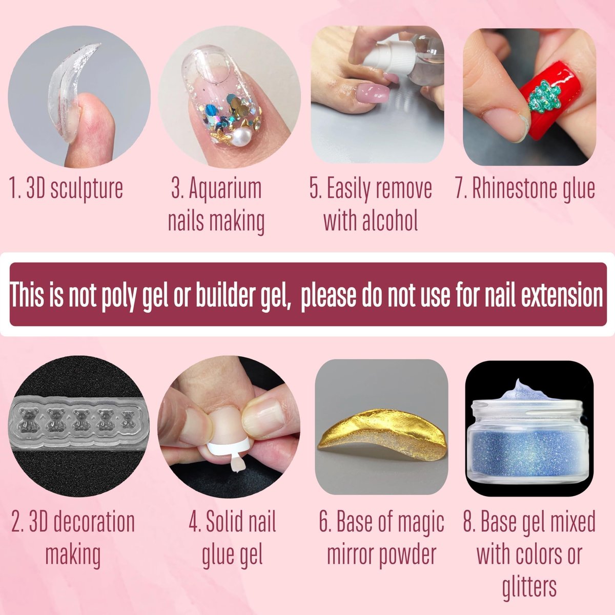 NOVO OVO Non-Sticky Solid Nail UV Gel Glue - 8 in 1 Strong & Long Lasting for Press-On Nails, Gel X Tips, Acrylic Sculpture & Decoration (30ml) - görsel 3