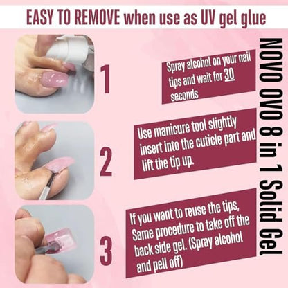 NOVO OVO Non-Sticky Solid Nail UV Gel Glue - 8 in 1 Strong & Long Lasting for Press-On Nails, Gel X Tips, Acrylic Sculpture & Decoration (30ml)