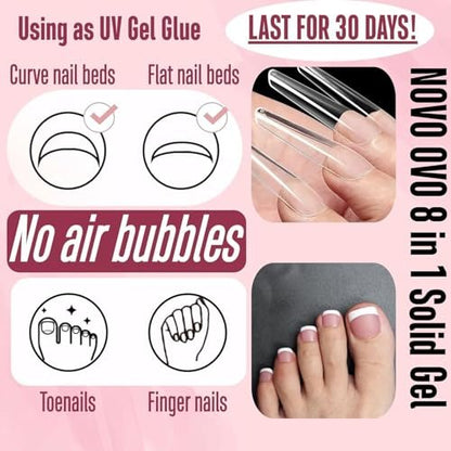 NOVO OVO Non-Sticky Solid Nail UV Gel Glue - 8 in 1 Strong & Long Lasting for Press-On Nails, Gel X Tips, Acrylic Sculpture & Decoration (30ml)