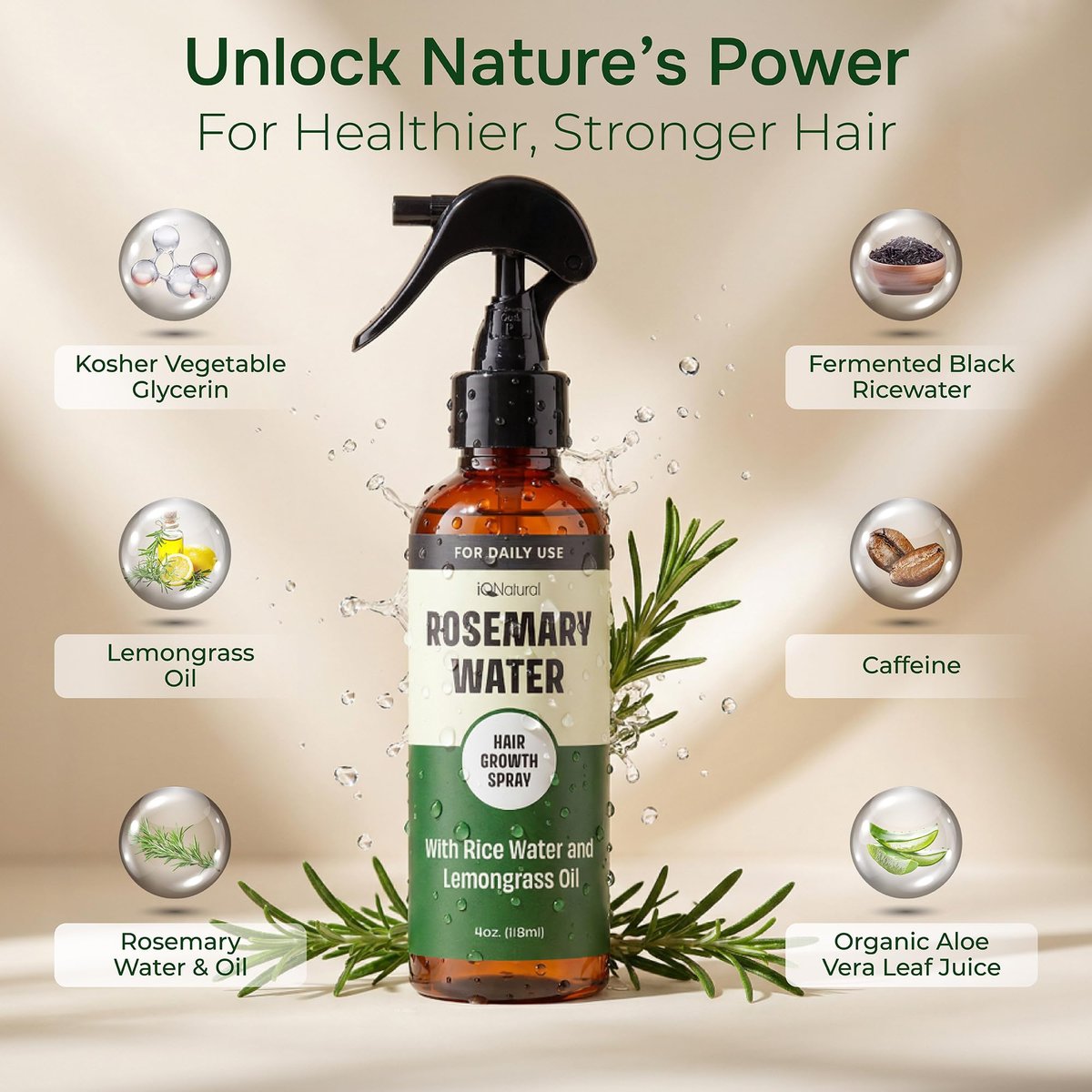 IQNATURAL Rosemary Water Spray for Hair Growth - Root Enhancer, Strengthen & Thicken Hair - Made in USA - 4 oz Avelisse