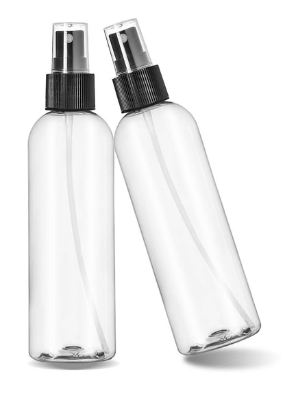ljdeals 8 oz Clear Plastic Spray Bottles with Black Fine Mist Sprayer – Refillable Empty Bottles for Essential Oils, Perfumes, Travel – Pack of 2, Made in USA