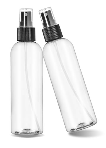 ljdeals 8 oz Clear Plastic Spray Bottles with Black Fine Mist Sprayer – Refillable Empty Bottles for Essential Oils, Perfumes, Travel – Pack of 2, Made in USA