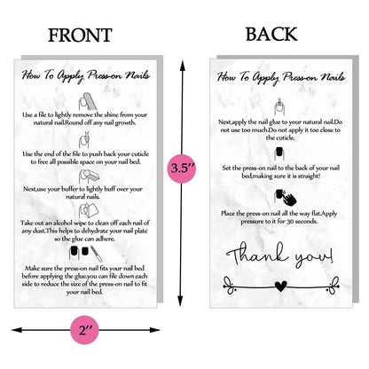 50 Pack Press-On Nail Application & Aftercare Instructions Cards – 2x3.5 Inch Business Card Size – Perfect for DIY Nail Kits