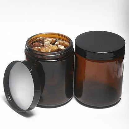 HORMERRY 8oz Glass Jars with Lids - 2 Pack Amber Empty Round Cosmetic Containers for Samples, Powder, Body Butter, Cream, Lotion, Spice