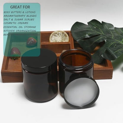 HORMERRY 8oz Glass Jars with Lids - 2 Pack Amber Empty Round Cosmetic Containers for Samples, Powder, Body Butter, Cream, Lotion, Spice