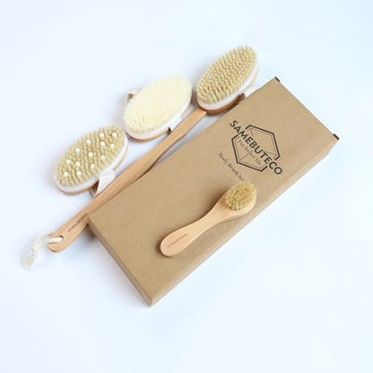 SAMEBUTECO Dry Brushing Body Brush Set with Long Handle – Natural Boar Bristle Body & Face Brush, Wooden Detachable Scrub Brush, 3 Brush Heads for Exfoliating & Body Care