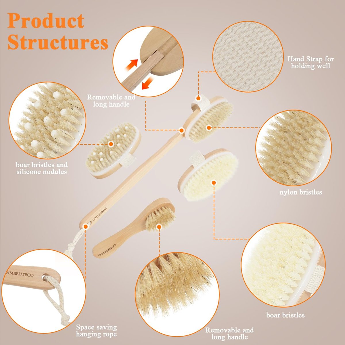 SAMEBUTECO Dry Brushing Body Brush Set with Long Handle – Natural Boar Bristle Body & Face Brush, Wooden Detachable Scrub Brush, 3 Brush Heads for Exfoliating & Body Care - görsel 7