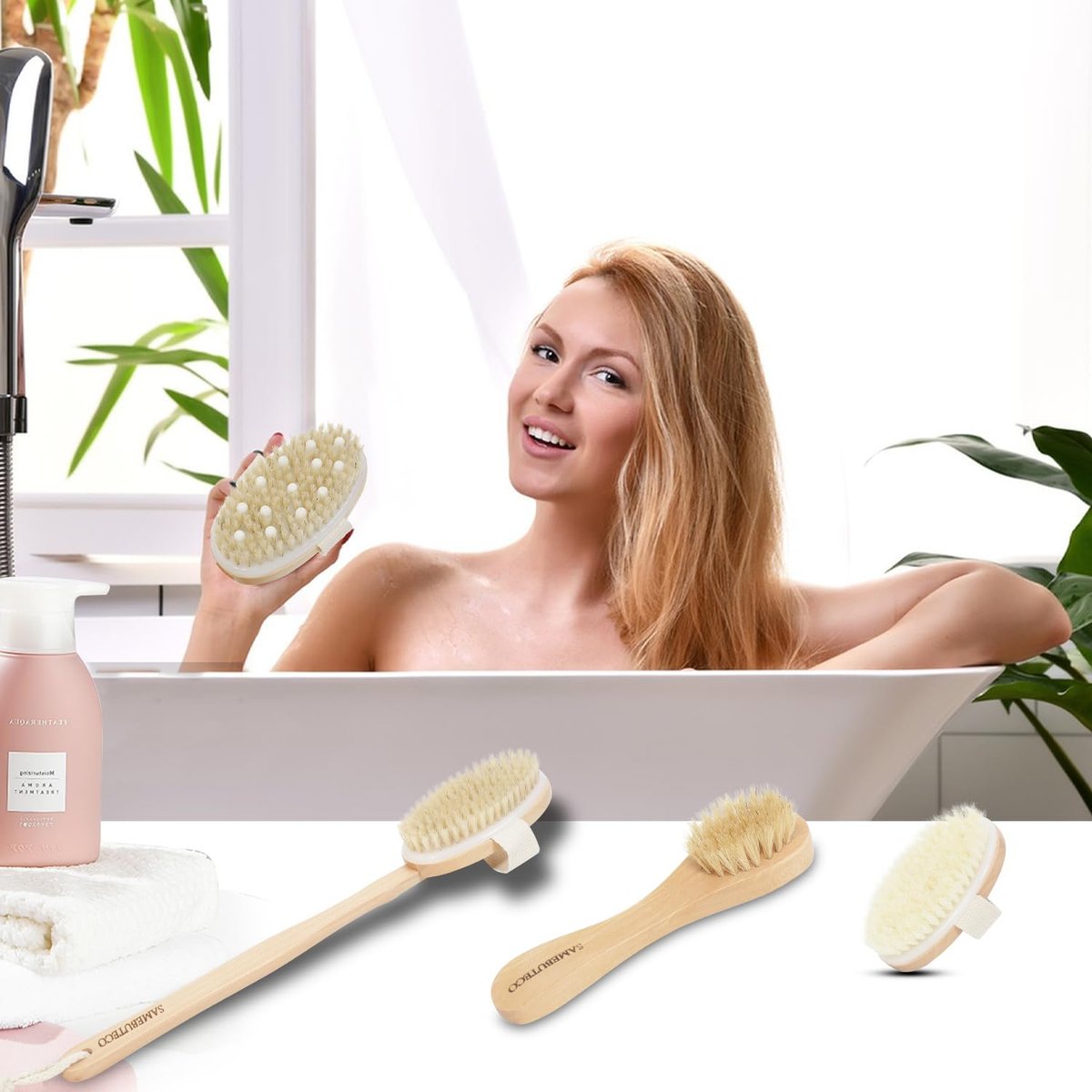 SAMEBUTECO Dry Brushing Body Brush Set with Long Handle – Natural Boar Bristle Body & Face Brush, Wooden Detachable Scrub Brush, 3 Brush Heads for Exfoliating & Body Care - görsel 13