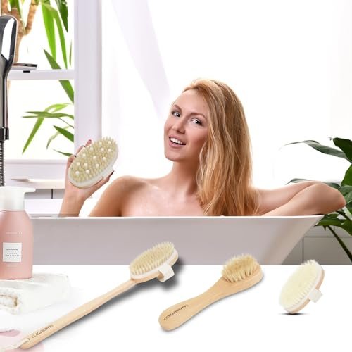 SAMEBUTECO Dry Brushing Body Brush Set with Long Handle – Natural Boar Bristle Body & Face Brush, Wooden Detachable Scrub Brush, 3 Brush Heads for Exfoliating & Body Care - görsel 14